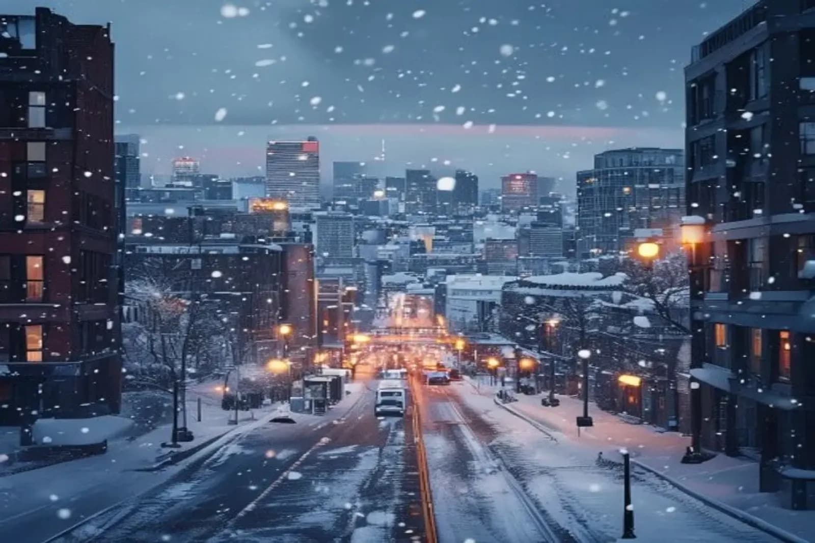 Longueuil, Canada — winter cityscape with snow-covered streets and downtown, snow.ca service area.