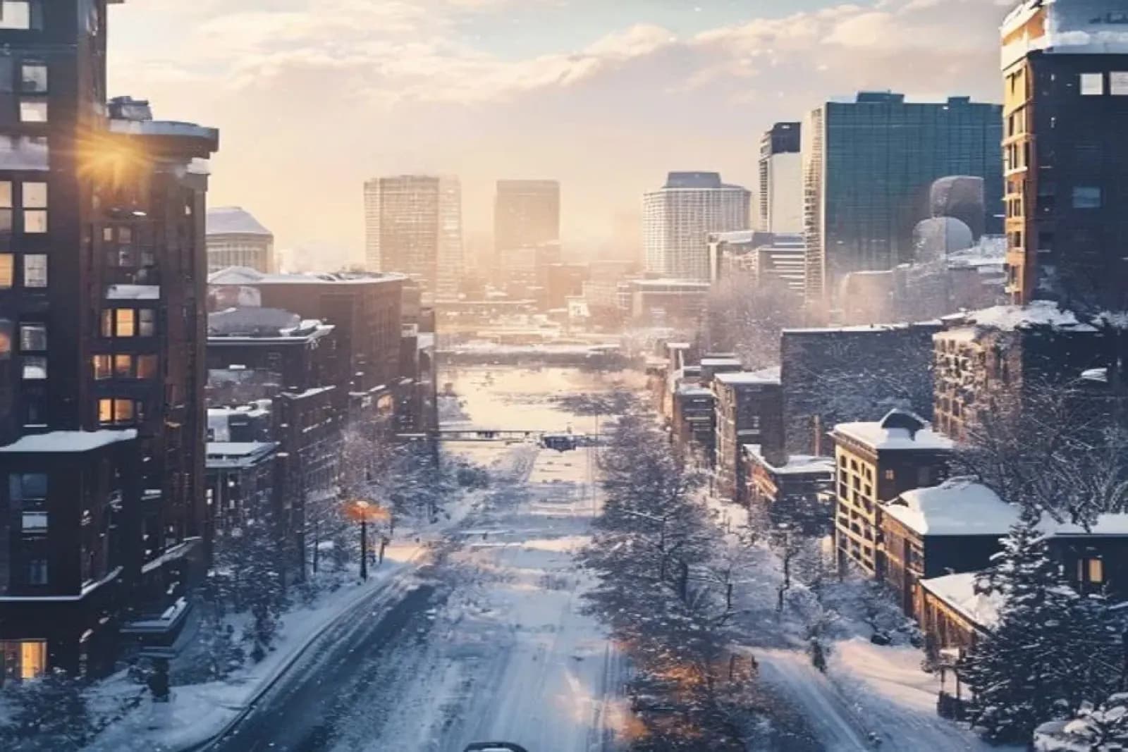 North Bay, Canada — winter cityscape with snow-covered streets and downtown, snow.ca service area.