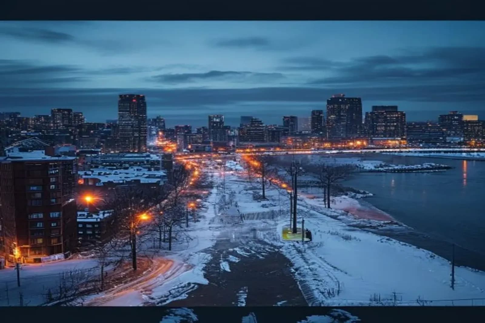 Sarnia, Canada — winter cityscape with snow-covered streets and downtown, snow.ca service area.