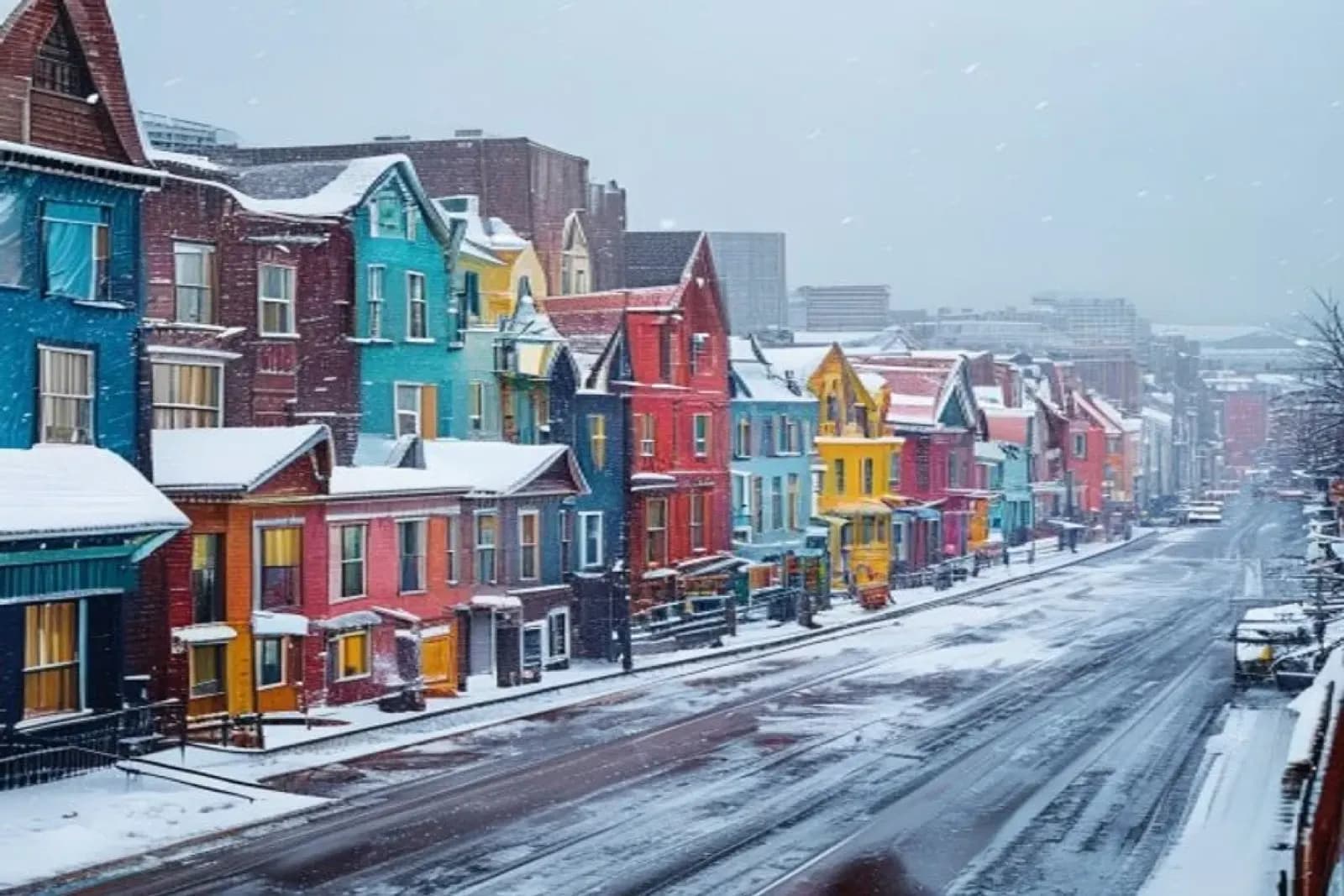 St. John's, NL — Newfoundland capital in deep Atlantic winter, harbour snow operations on heritage and commercial properties, snow.ca service area.