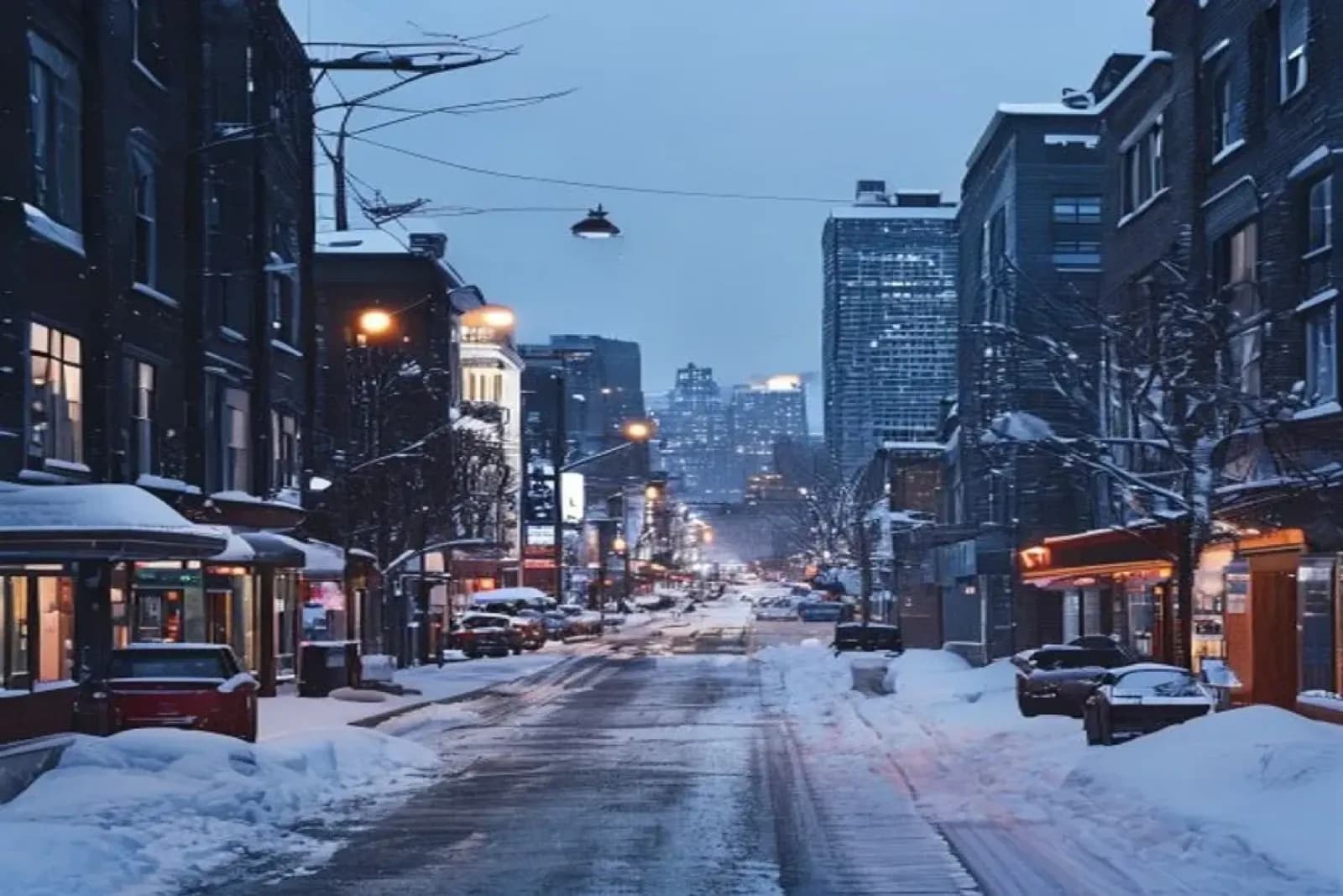 Whitby, Canada — winter cityscape with snow-covered streets and downtown, snow.ca service area.