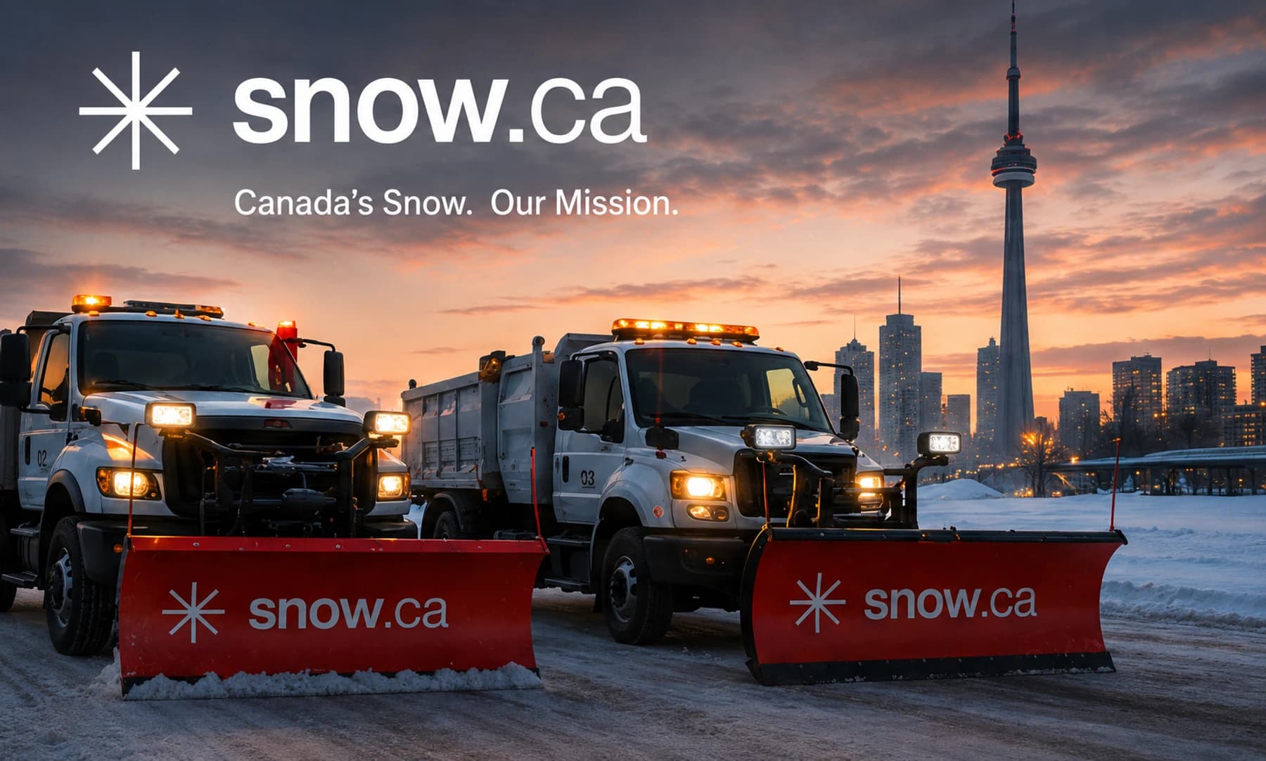 snow.ca plow trucks with branded red blades parked in front of the CN Tower at dusk — snow.ca Crew apparel line.