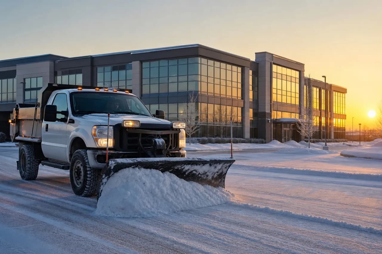 Commercial snow removal at golden hour on a Canadian office complex — fleet-coordinated plowing and salting.