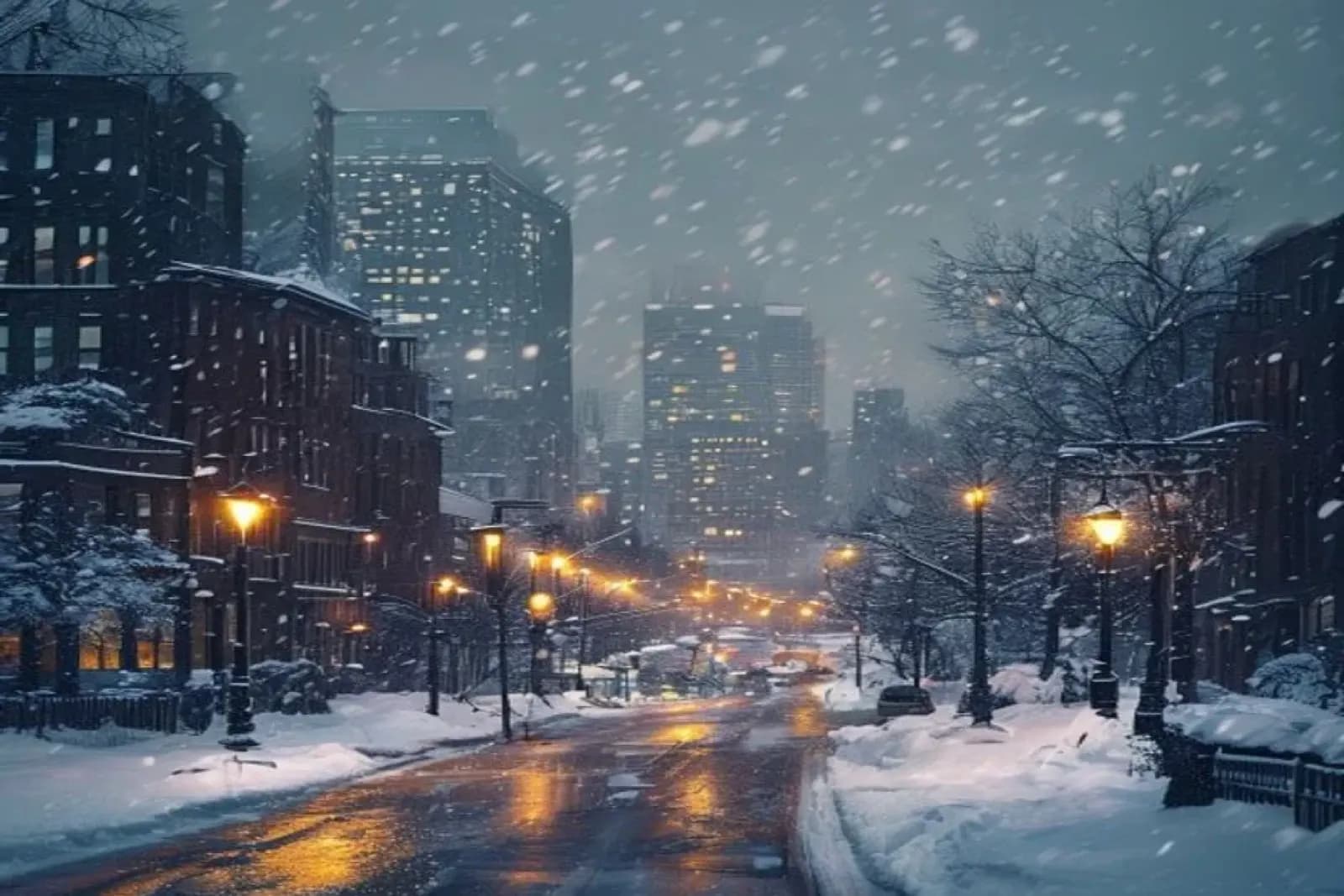 Aurora, Canada — winter cityscape with snow-covered streets and downtown, snow.ca service area.