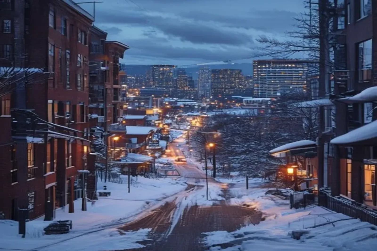 Langley, Canada — winter cityscape with snow-covered streets and downtown, snow.ca service area.