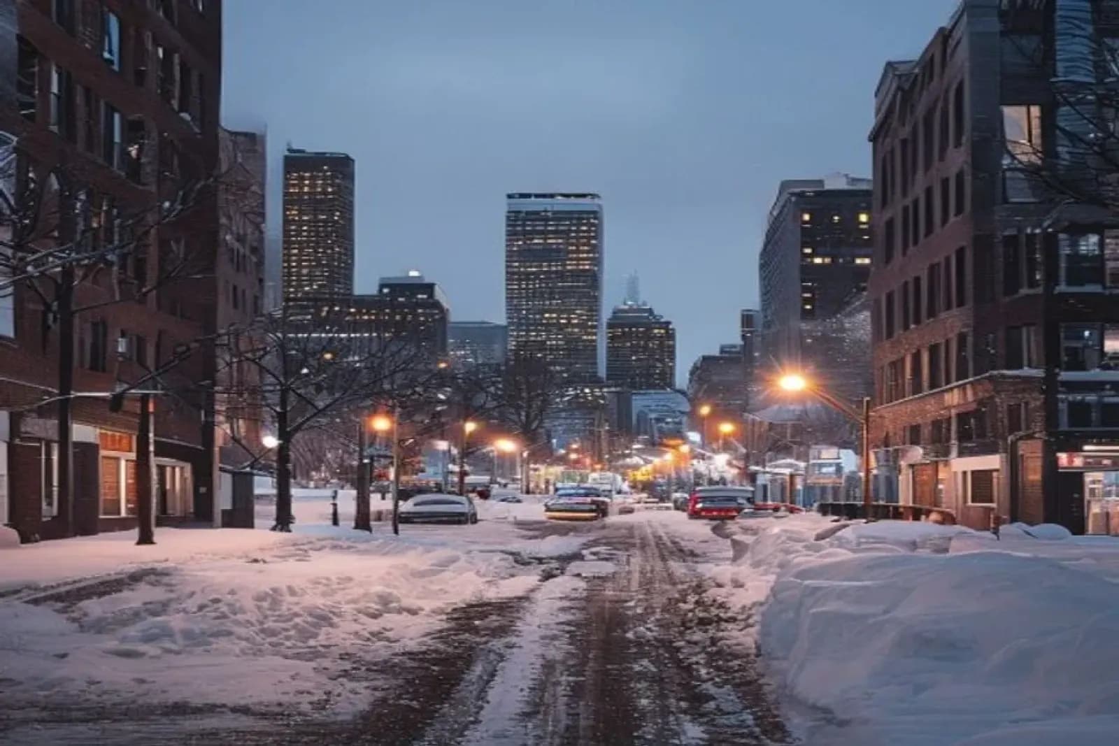 Orillia, Canada — winter cityscape with snow-covered streets and downtown, snow.ca service area.