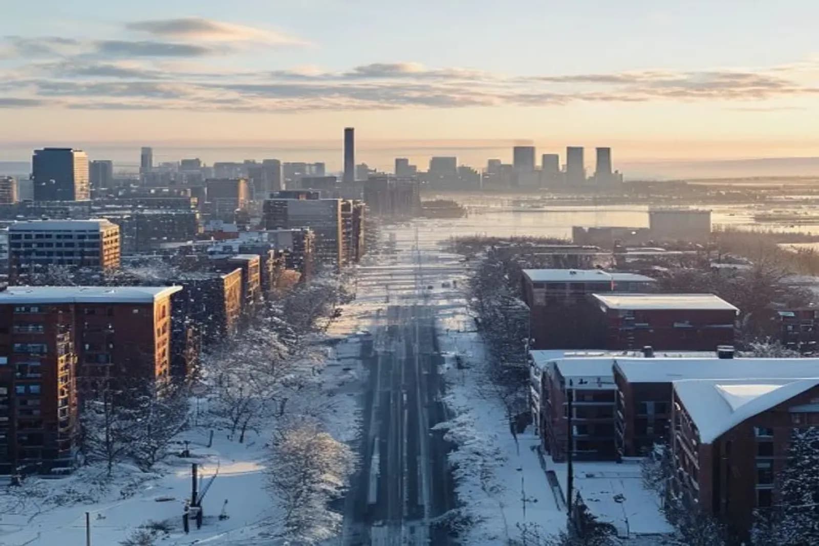 Pickering, Canada — winter cityscape with snow-covered streets and downtown, snow.ca service area.