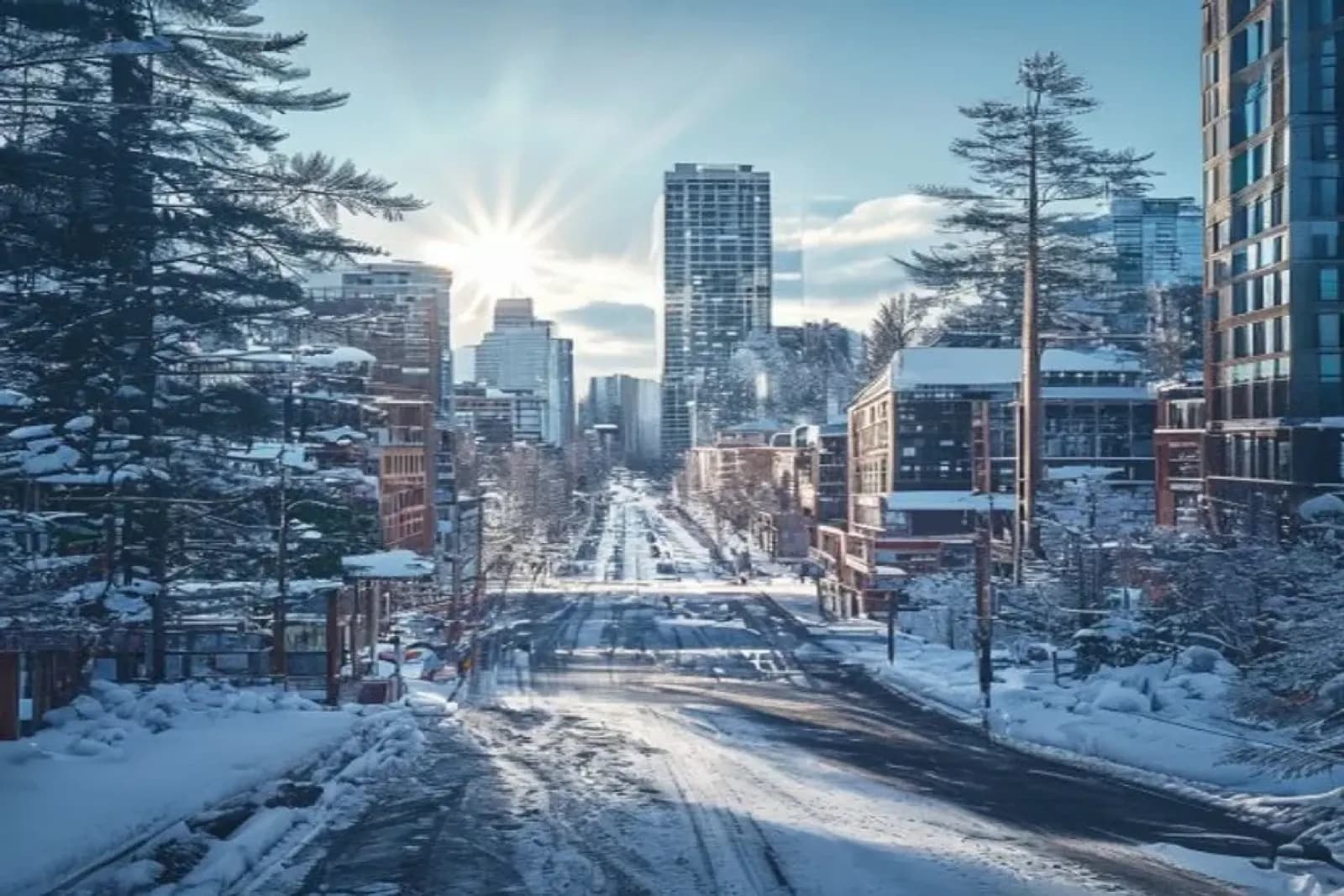 Prince George, Canada — winter cityscape with snow-covered streets and downtown, snow.ca service area.