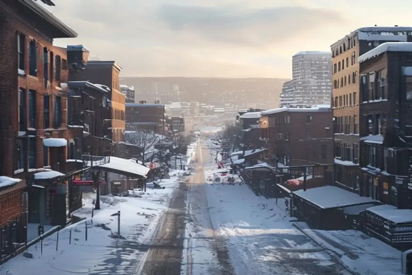 Sherbrooke, QC — Eastern Townships city in winter, Appalachian foothills snow on university and commercial properties, snow.ca zone de service — Canada.