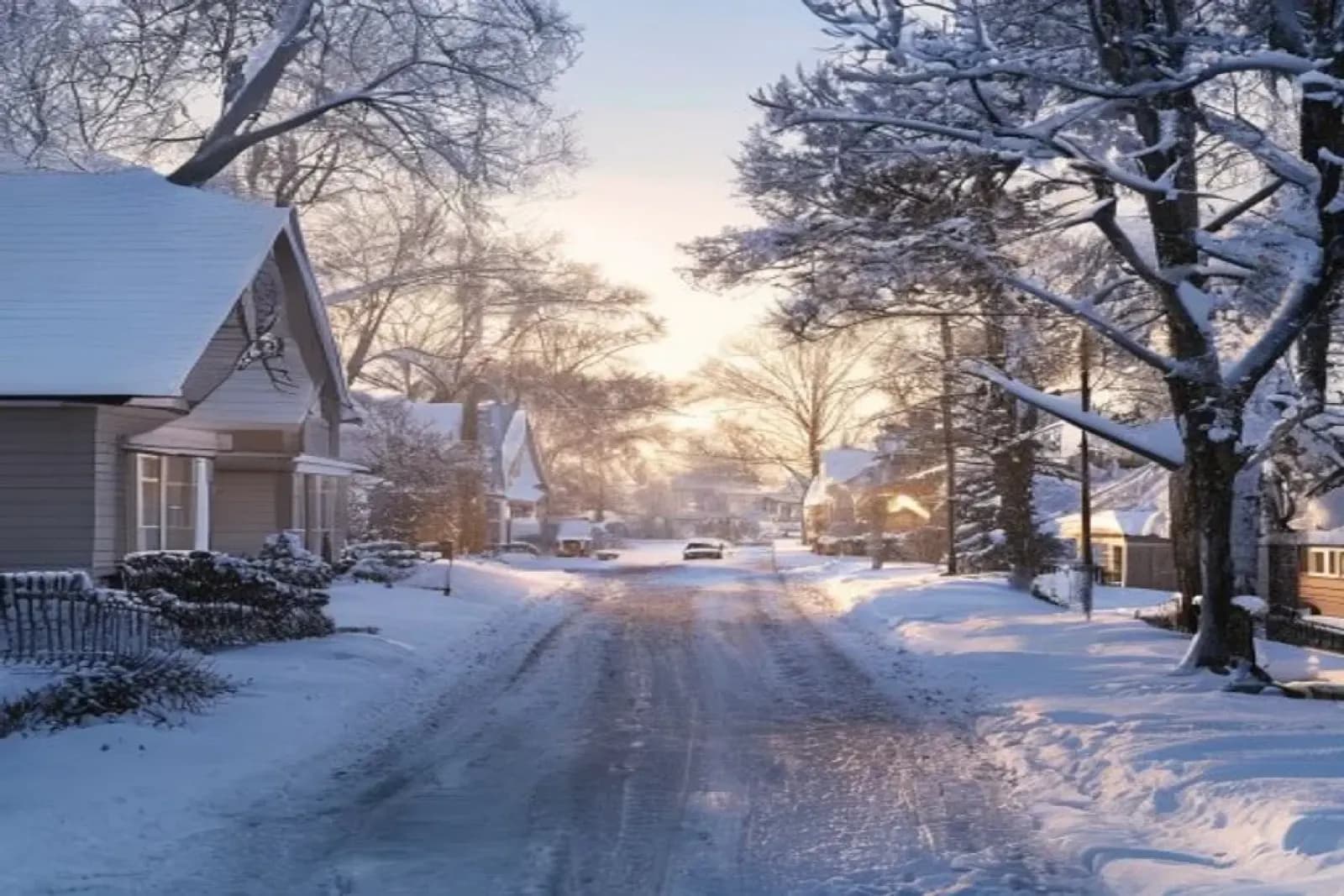 Quiet Canadian residential street at dawn covered in fresh winter snow — generic neighbourhood scene for snow.ca service-area context.