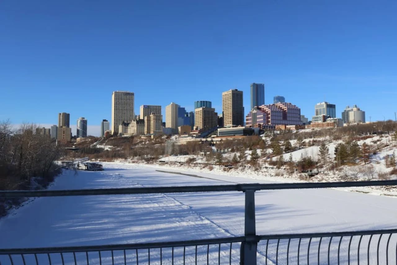 Edmonton in winter — river valley and downtown skyline — Canada.